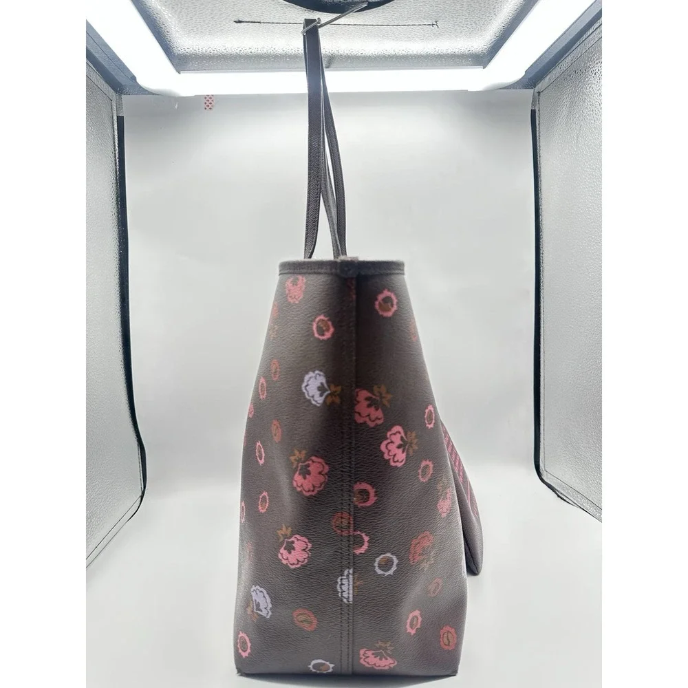 COACH Floral Print Tote Bag Brown Pink Lavender Shoulder Bag w/ Matching Pouch